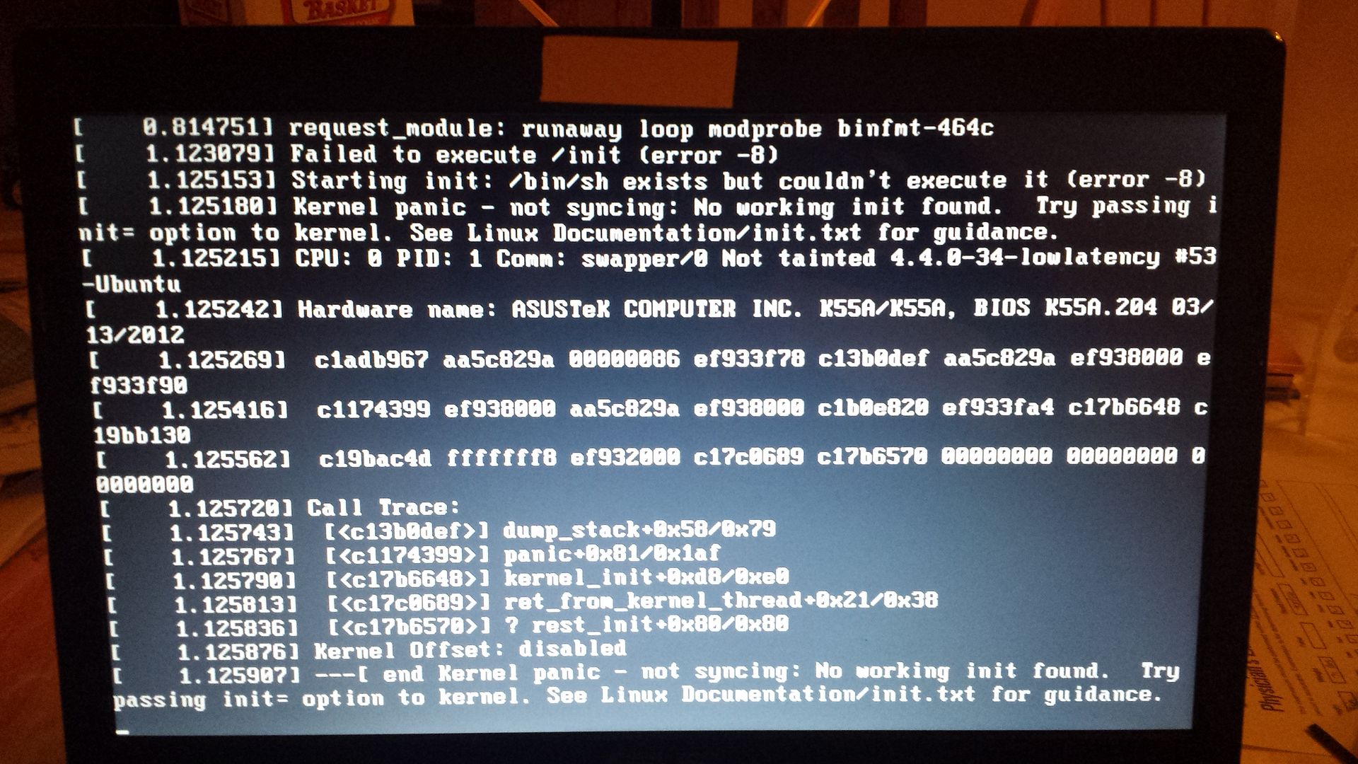 [gnome] Failed to execute init (error 8) Starting init /bin/sh exists