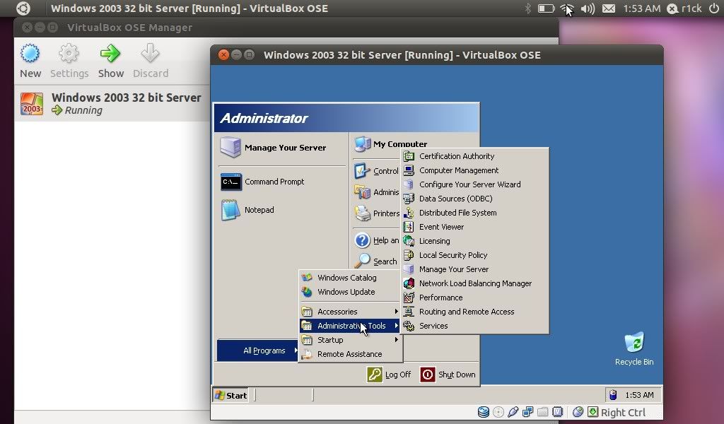 Windows 2003 Server running on Ubuntu + VirtualBox