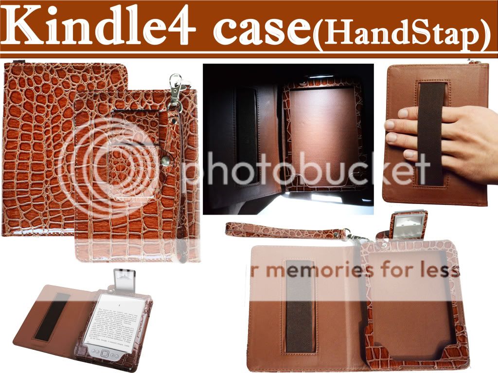 Brown  Kindle 4 PU Leather Cover Case with Built in Light and Hand Stap