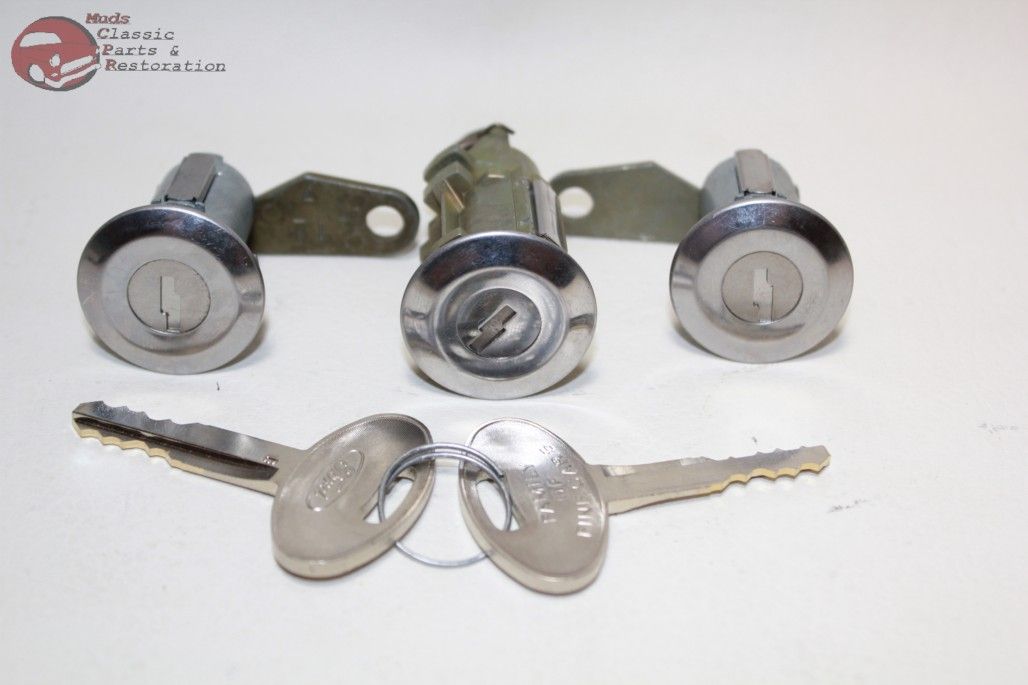 79-80 Mustang Ford Ignition Door Trunk Lock Cylinders w Keys Stainless Face New